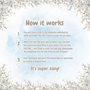 May include: A light blue background with text that reads "How it works" and numbered steps. The steps explain how to use a template after purchase, edit in Canva, and download or send the files. The phrase "It's super easy!" is at the bottom.