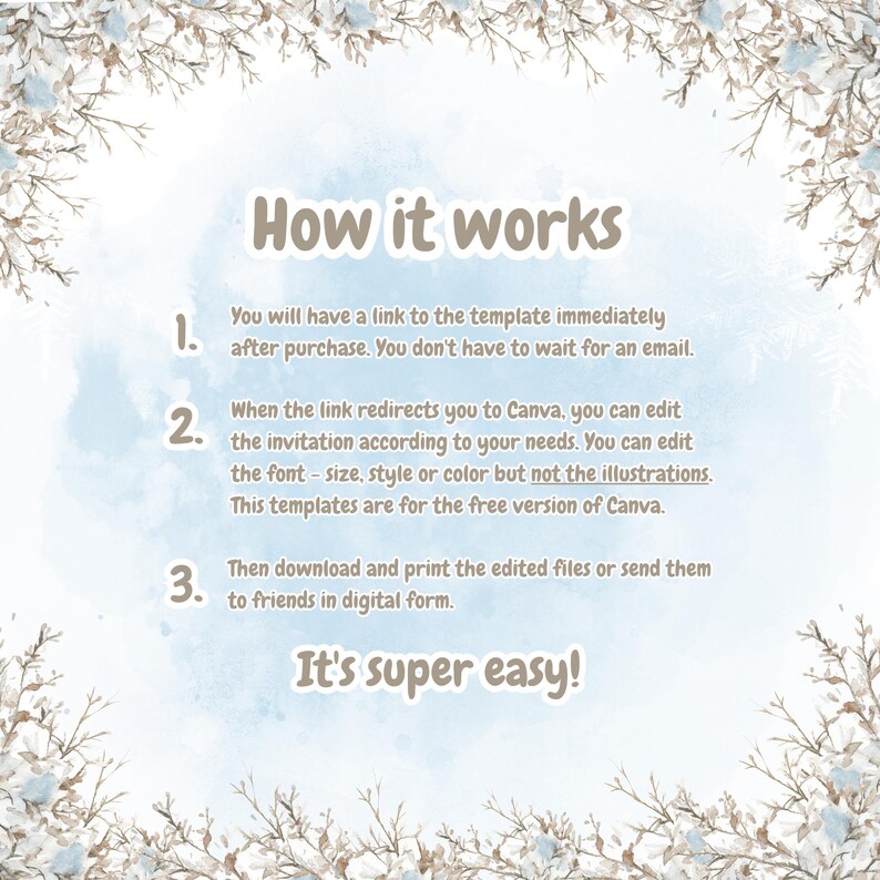 May include: A light blue background with text that reads "How it works" and numbered steps. The steps explain how to use a template after purchase, edit in Canva, and download or send the files. The phrase "It's super easy!" is at the bottom.