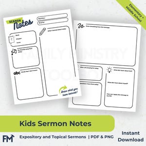 Notas de sermones para niños / Notas de sermones imprimibles para alcanzar el corazón de un niño para Jesús / Edad de escuela primaria y secundaria / Descarga instantánea