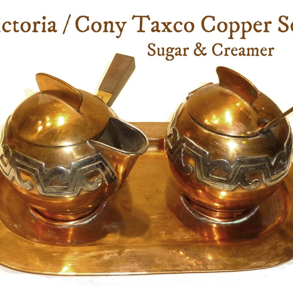 Victoria Taxco Vintage Copper Set. Sugar, Creamer, Tray, Sterling Spoon. All Marked. Vintage 1940s. Cony. Ana Brilianti. Circa 1950s