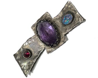 Brutalist Hand-wrought Sterling Silver Brooch with Opal, Garnet & Amethyst. Signed EKA