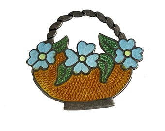 Vintage Enamel Flower Basket Pin, Mexican Sterling Brooch, Signed JF