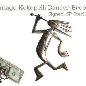Vintage Kokopelli Dancer Sterling Silver Brooch. Signed by &quot;SP&quot; Artist Unidentified. Large Three Inches Long.