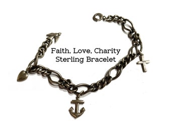Vintage Sterling Silver Charm Bracelet: Faith, Hope, Charity Symbols (7 inch)
