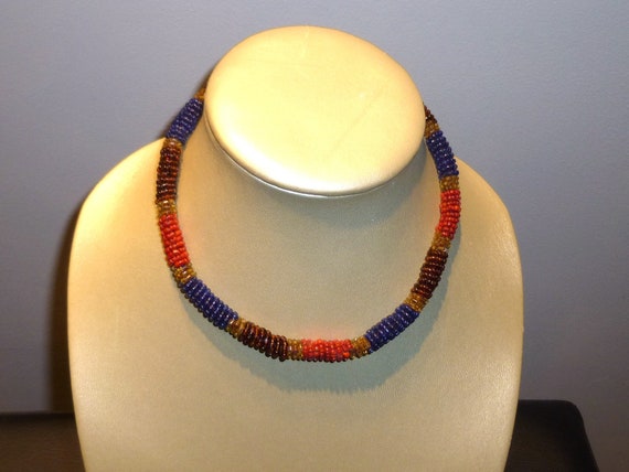 Vintage BOHO Beaded Choker Necklace. Blue, Orange… - image 4