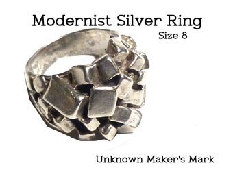 Vintage Brutalist Ring. Hand-wrought. Size 8. Unknown Maker's Marks. TESTED as SILVER (not marked).