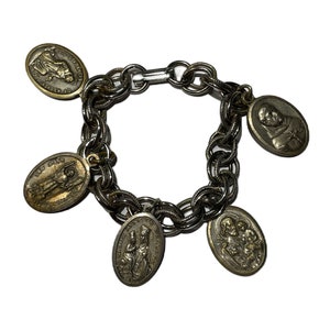 Vintage Catholic Saints Medal Charm Bracelet, Marked Italy, 6"