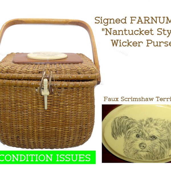 Vintage Signed Farnum 1980  "Reproduction" Nantucket Style Basket Handbag Purse. Cute Dog Top. CONDITION  ISSUES. View Photos and Read.