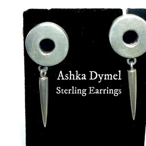 Ashka Dymel Sterling Silver Bauhaus / Modernist Earrings.  Two Inches Long. Pierced Posts. Circa 1990s. Brooklyn, USA.