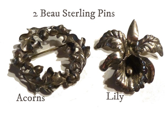 Two Vintage Sterling Silver Brooches.  Acorn & Le… - image 1