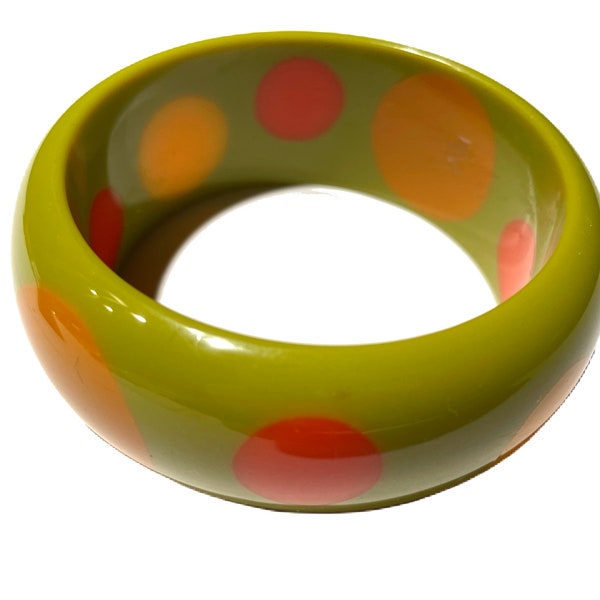 Vintage 1990s POLKA DOT Resin Bangle. 1.25" Wide. Super Olive Green with Orange and Yellow Dots. Has Opening of 2.75"