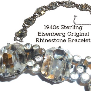 1940s Eisenberg STERLING Silver Heavy Large Rhinestone Bracelet. 1943-45 Mark Eisenberg Original STERLING. 8 Inches Long. Gorgeous Vintage.