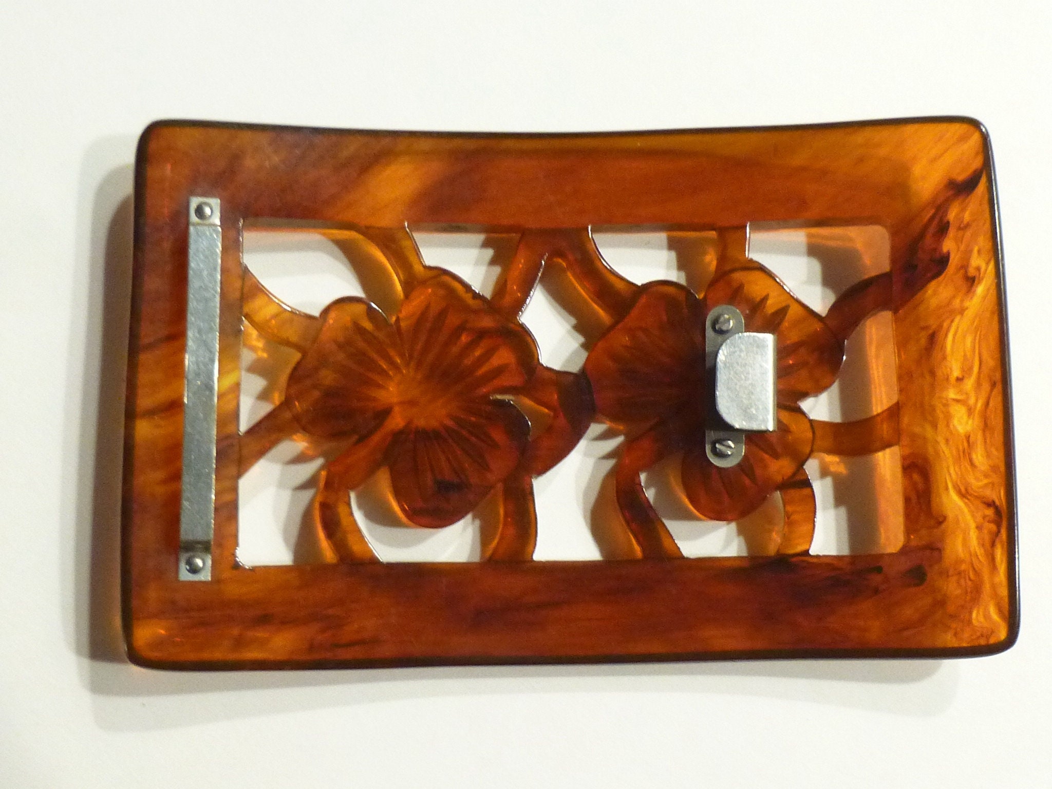Vintage 1940s Carved Bakelite Belt Buckle, Brown Clover  display picture 1