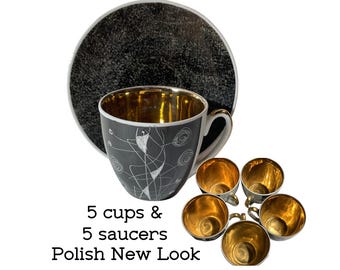 1960s Wałbrzych  Polish Studio Sgraffito 5 Cups & 5 Saucers.  Mid-Century Modern New Look, Made in Poland.