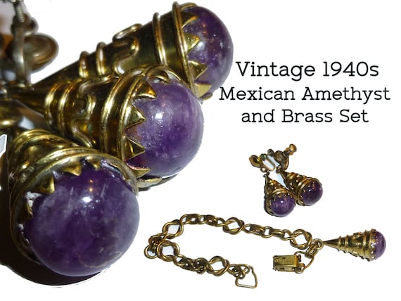 Vintage Brass and Amethyst Cones Dangle Bracelet and Screw On Earrings. Vintage MEXICO, circa 1940s. For LARGE Wrist.