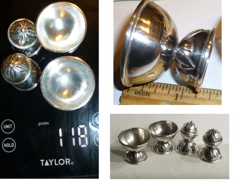 Victoria Taxco Vintage Sterling Salt Dish & Pepper Shaker. TWO SETS. All Marked. Vintage 1940s. Ana Brilianti Mexico. Circa 1950s. 118grams image 3