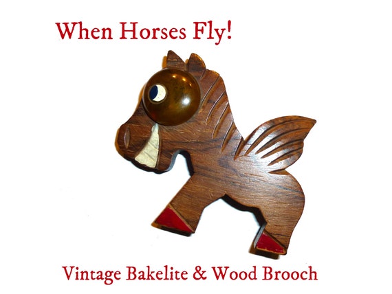 Vintage Bakelite & Wood Horse Brooch.  Charming W… - image 1