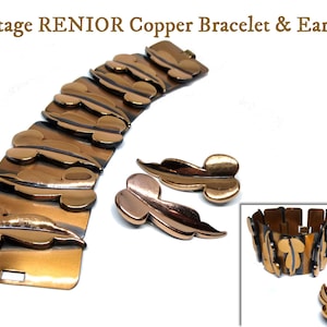 Wide Renoir Copper Bracelet & Clip On Earrings Set. Modernist Leaf Design.  Renior of California 1960s