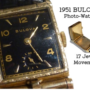 Vintage Bulova Photo Flip Top Wrist Watch. Inset Second Hand.  Works. Manual Wind 17 Jewel Movement. Dated 1951. Has Rare Black Dial. Nice!