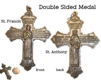 Double Sided Vintage Saints Cross. Catholic Bronze Medal. St Francis of Assisi & St Anthony of Padua. Prayer of Exorcism Italy 2" long.