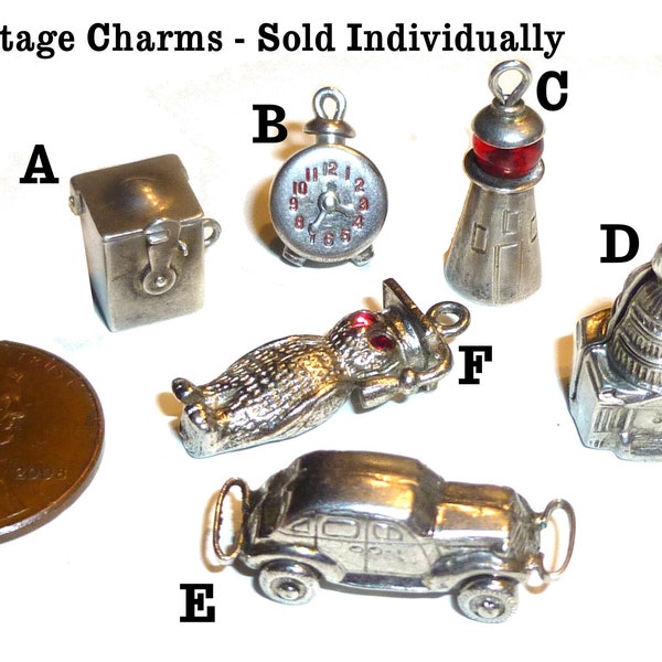 YOU CHOOSE. Sterling Silver Vintage Charm.  Jack in the Box; Old Car; Grad Owl; Light House; Alarm Clock; Mechanical Capitol Dome w USA Flag