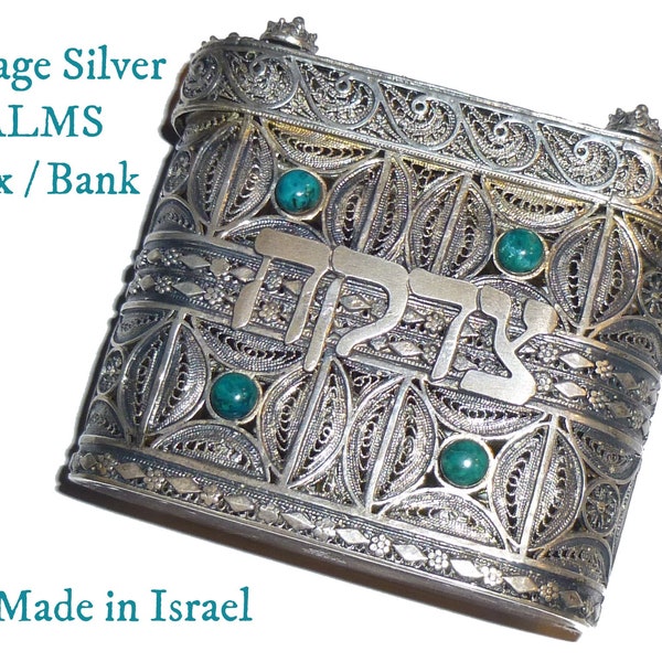 Vintage Judaica. Sterling Silver Tzedakah Box. Made in Israel. ALMS Bank Pushka box Beautiful Filagree Yemenite Style. Eilat Stones.99 Grams