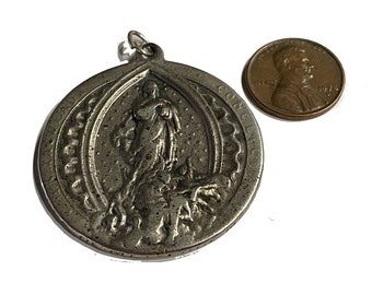 Vintage Silver Blessed Mother Medal Dated 1943. Catholic School Medallion "Colegio Las Esclavas" in Bilbao Spain. Shows Wear.