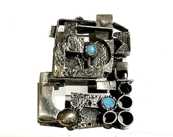 Brutalist Silver Brooch with Pendant Bale. Statement Vintage