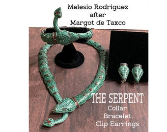 Vintage Taxco MRV Sterling Silver Serpent Set. 1980s from Margot de Taxco's Mold #5554.  Green Snake Necklace, Bracelet, Clip On Earrings.
