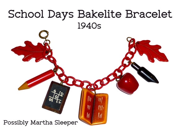 Vintage Bakelite School Days Charm Bracelet, Apple, Book, Pencil