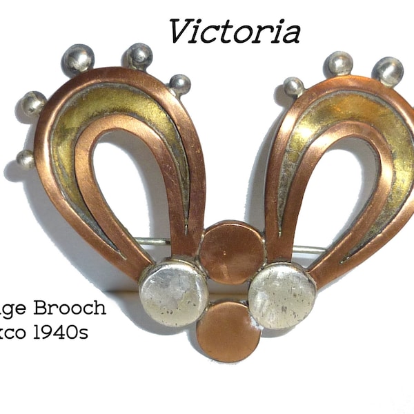 Vintage VICTORIA Married Metals Brooch. Sterling Silver, Copper, Brass. 1940s Taxco Mexico. Artist: Ana Nunez de Brilianti