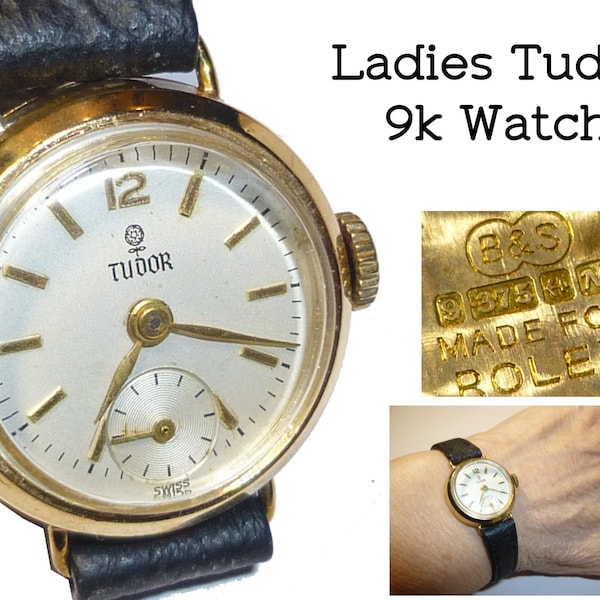 Vintage 9k Gold TUDOR Movement in ROLEX Case. Ladies Watch. 17 Jewel Manual Wind . Dated 1987. Works. Inset Second Hand.