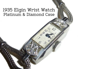 1935 Elgin Platinum Diamond Ladies Wrist Watch, 17 Jewel Manual Wind