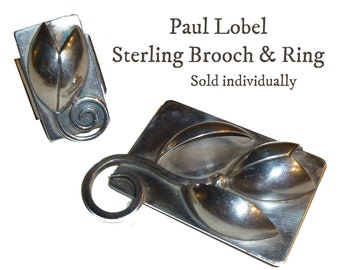 Paul Lobel Modernist Sterling Silver. Tulip Ring and Tulip Pin Brooch. SOLD INDIVIDUALLY. Circa 1950s. Greenwich Village NY.