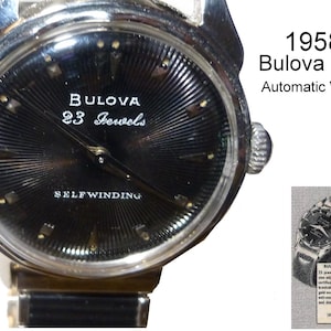 1958 Bulova 23 &quot;A&quot; Black Sunburst Dial Watch. 23 Jewel Automatic Movement. Sweep Second Hand. RUNS! Unisex
