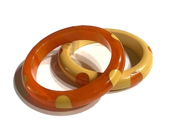 Vintage Bakelite Bangle Pair, Orange & Yellow Polka Dot Bracelets, 1940s