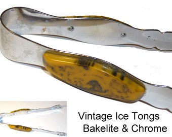 Vintage Bakelite and Chrome Ice Tongs. Tested Swirled Bakelite. Seven Inches Long. Cool Barware.