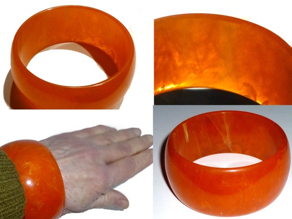 Orange Bakelite Bangle.  Wide Bracelet with Lusci… - image 8