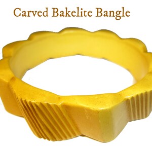 Unusual Carved Yellow Bakelite Bangle. 3/4&quot; Wide Bakelite Bracelet. Interesting Carving. 1940s. TESTED. Guaranteed.