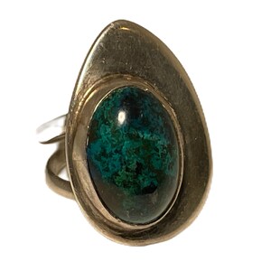 Vintage Sterling Silver Modernist Ring with Blue/Green Stone. Sylvia Youell Wisconsin Artist. Size 7.75
