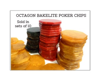 SET OF TEN (10) Vintage Bakelite Octagon Poker Chips for Crafting or Jewelry Making. You Choose Color. Inky Blue, Marbled Red or Yellow