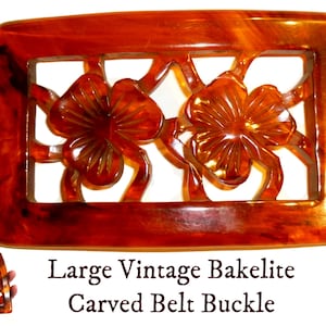 Large  Vintage Carved Bakelite Belt Buckle. 4.5&quot; by 3&quot;. Brown Swirled With Clover Design. Circa 1940s. Super Cool. Tested.