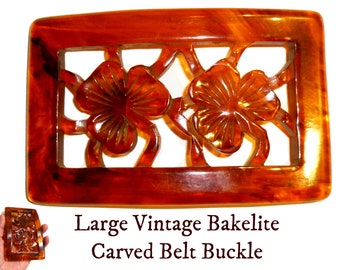 Vintage 1940s Carved Bakelite Belt Buckle, Brown Clover Design