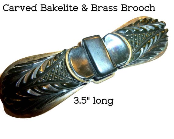 Carved Bakelite European Brass Brooch. Large and … - image 1
