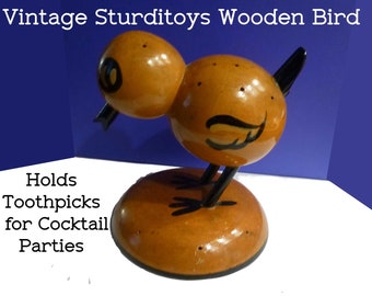 Vintage Wooden Bird Figure. Holds Toothpicks for Cocktail Party Olives, Cheese, etc. Made 1940s by Sturditoys California. Rare