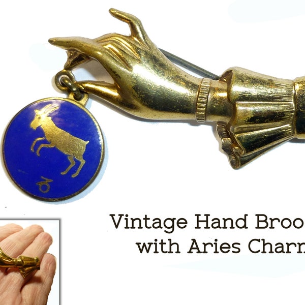 Vintage "Victorian Hand" Brooch Holding an ARIES The Ram Astrological Zodiac Charm. No Makers Marks, Exact Age Unknown. Cool Pin.