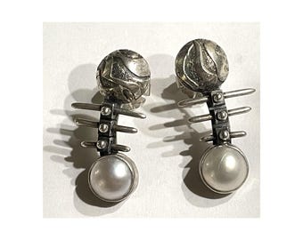 Brutalist Style Modernist Pierced Post Earrings. 925 & Pearl WEARABLE ART.