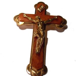 Vintage Crucifix. Brass and Bakelite. Circa 1940s. Six Inche Tall. Roman Catholic Cross. image 2