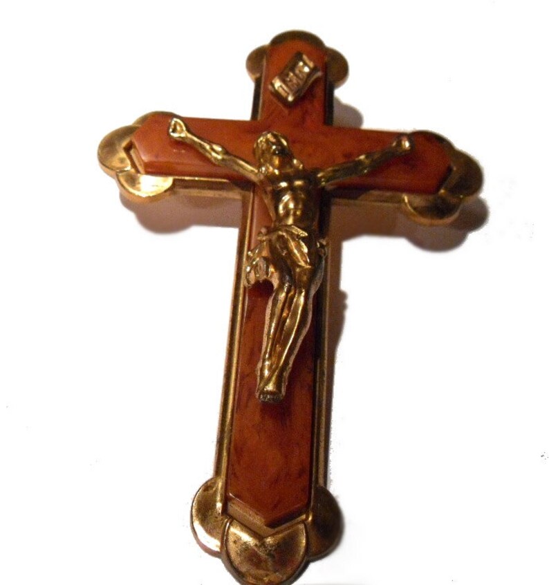 Vintage Crucifix. Brass and Bakelite. Circa 1940s. Six Inche Tall. Roman Catholic Cross. image 2