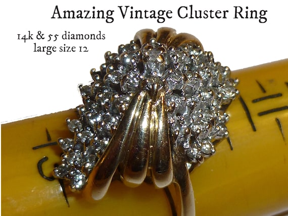 Vintage Cocktail Ring. 14k Gold + 55 Diamonds. XL… - image 1